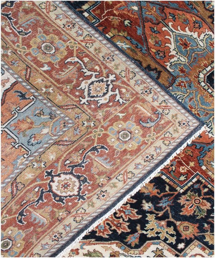 Antique Inspired Heriz Serapi Wool Rug - Hand Knotted Terracotta & Navy Area Rug
