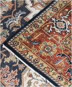 Antique Inspired Heriz Serapi Wool Rug - Hand Knotted Terracotta & Navy Area Rug