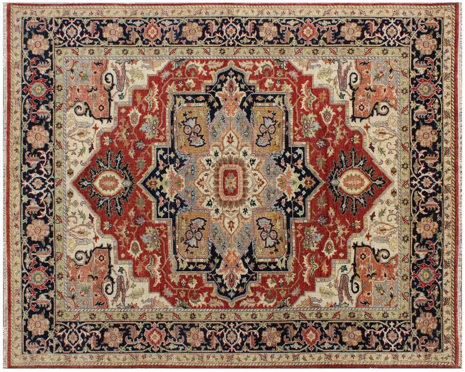 Hand Knotted Wool Heriz Serapi Rug - Red Navy Blue Traditional Persian Area Rug
