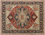 Hand Knotted Wool Heriz Serapi Rug - Red Navy Blue Traditional Persian Area Rug