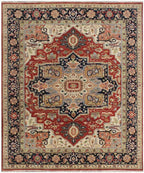 Hand Knotted Wool Heriz Serapi Rug - Red Navy Blue Traditional Persian Area Rug