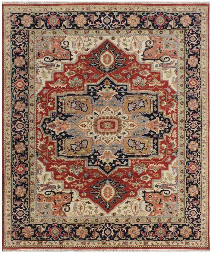 Hand Knotted Wool Heriz Serapi Rug - Red Navy Blue Traditional Persian Area Rug