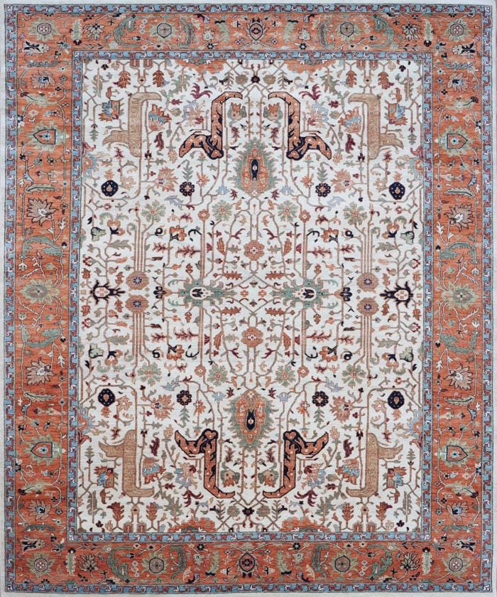 9x12 Ivory Hand Knotted Serapi Heriz Wool Rug - Large Antique Style Terracotta Area Rug