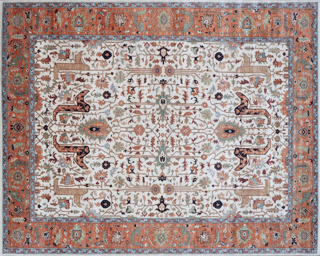 9x12 Ivory Hand Knotted Serapi Heriz Wool Rug - Large Antique Style Terracotta Area Rug