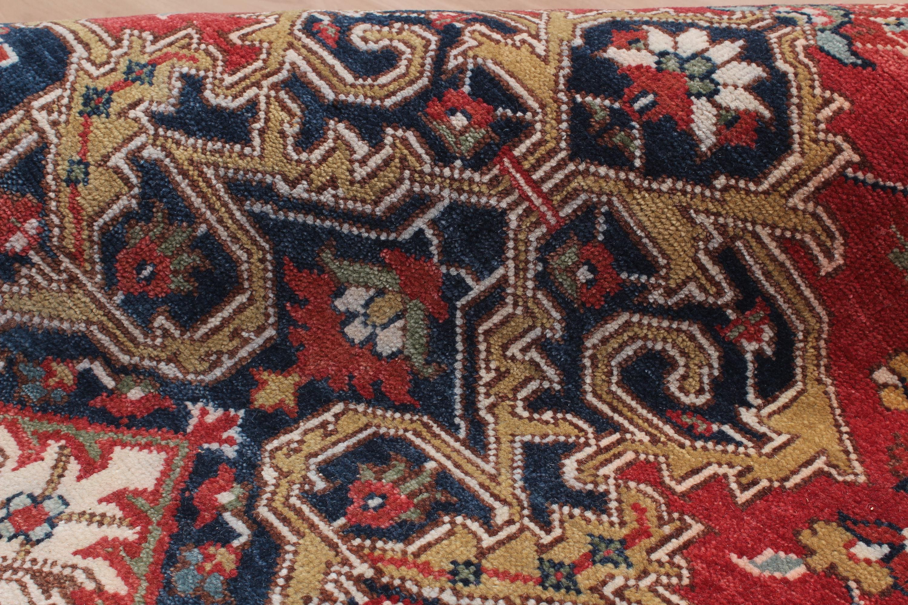 8x10 Persian Heriz Serapi Rug, Red & Cream Hand-Knotted Wool Area Rug, Vintage Medallion Carpet for Living Room, Authentic Oriental Rug