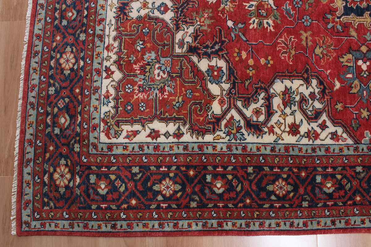 8x10 Persian Heriz Serapi Rug, Red & Cream Hand-Knotted Wool Area Rug, Vintage Medallion Carpet for Living Room, Authentic Oriental Rug