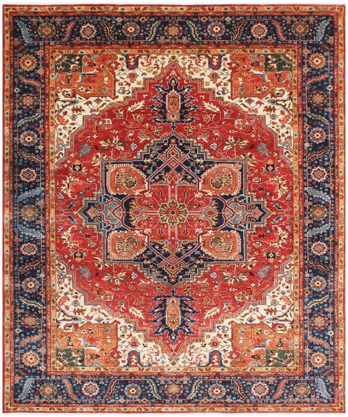 8x10 Hand Knotted Heriz/Serapi Wool Rug, 9x12 Red & Navy Traditional Persian Heriz Area Rug, Oriental Carpet for Living Room, Vintage  Rug
