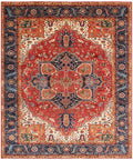 8x10 Hand Knotted Heriz/Serapi Wool Rug, 9x12 Red & Navy Traditional Persian Heriz Area Rug, Oriental Carpet for Living Room, Vintage  Rug