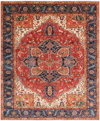 8x10 Hand Knotted Heriz/Serapi Wool Rug, 9x12 Red & Navy Traditional Persian Heriz Area Rug, Oriental Carpet for Living Room, Vintage  Rug