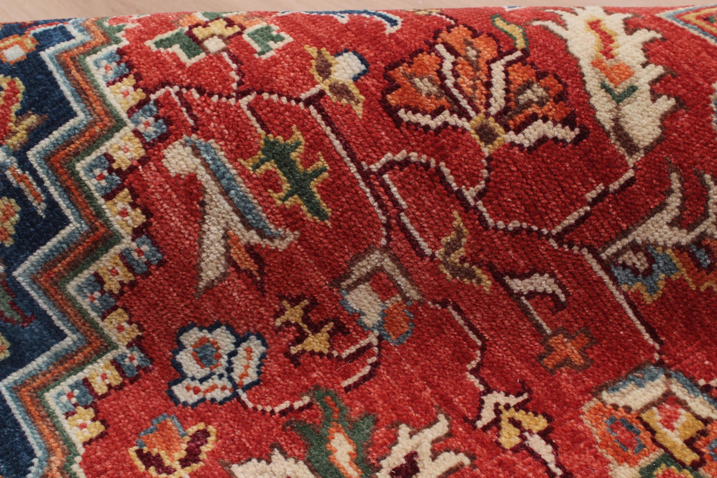 8x10 Hand Knotted Heriz/Serapi Wool Rug, 9x12 Red & Navy Traditional Persian Heriz Area Rug, Oriental Carpet for Living Room, Vintage  Rug