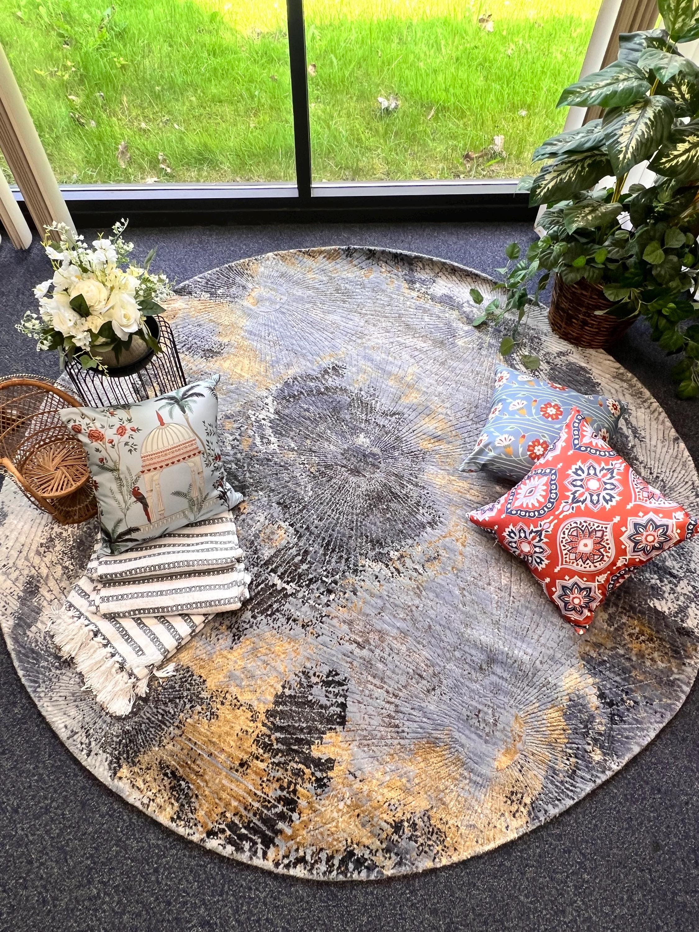 Round handmade wool bamboo silkgray golden black geometric starburst pattern hand knotted 6x6 8x8,9x9 modern rug for living room dining area