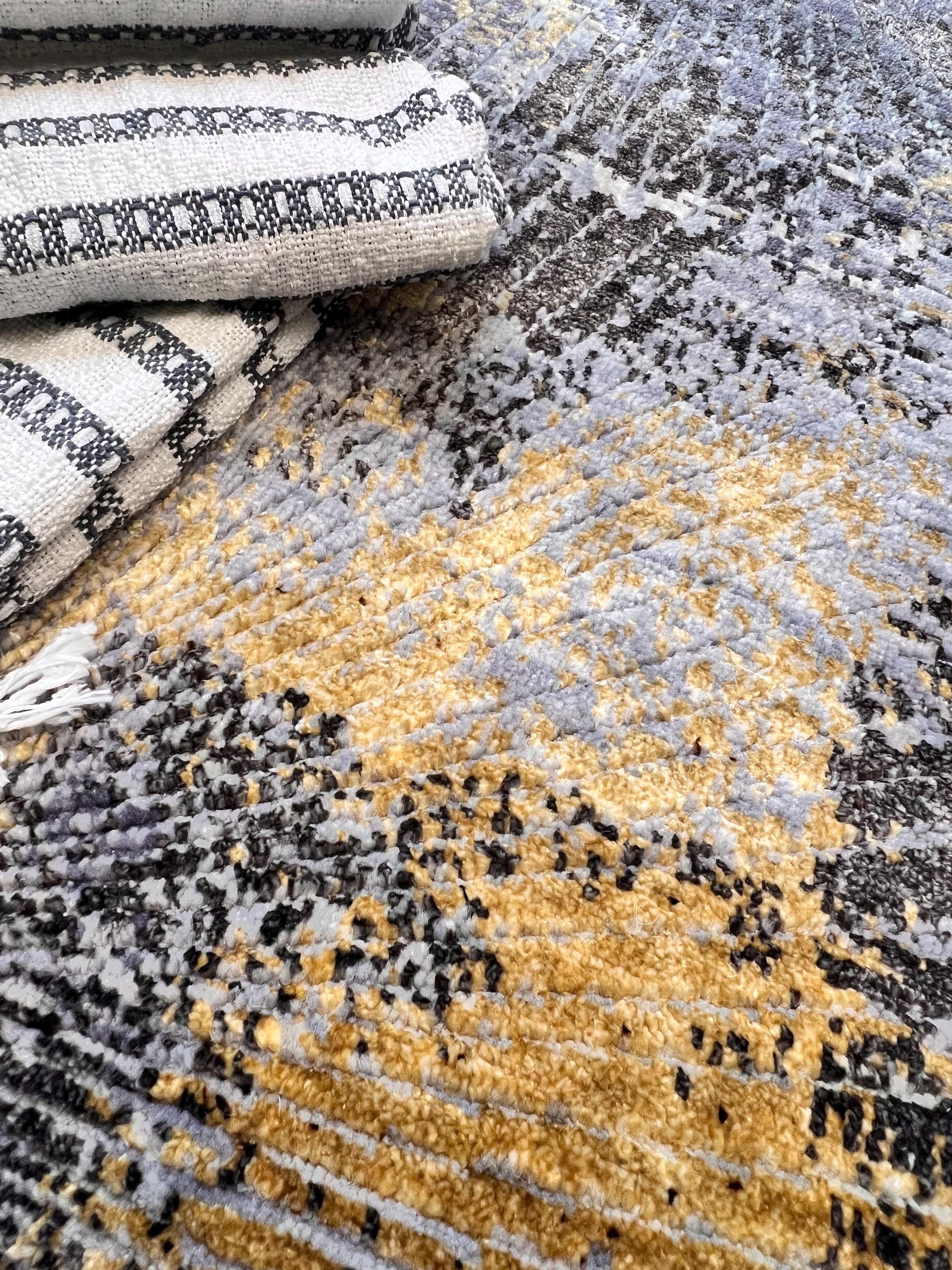 Round handmade wool bamboo silkgray golden black geometric starburst pattern hand knotted 6x6 8x8,9x9 modern rug for living room dining area