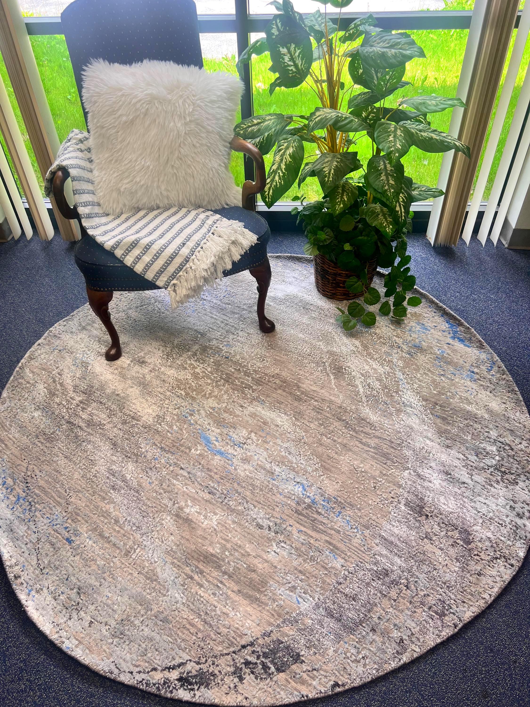 No tariff Round handmade wool bamboo silk gray beige blue hand knotted 6x6 modern rug for living room dining areaEntryway