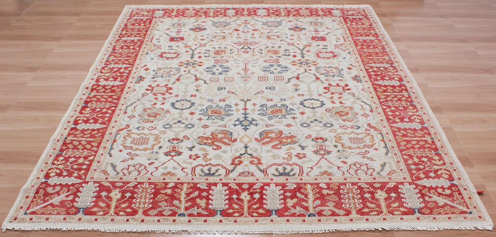 8x10 ft Authentic Hand-Knotted Wool Oriental Rug - Red & Cream Transitional Oushak Style