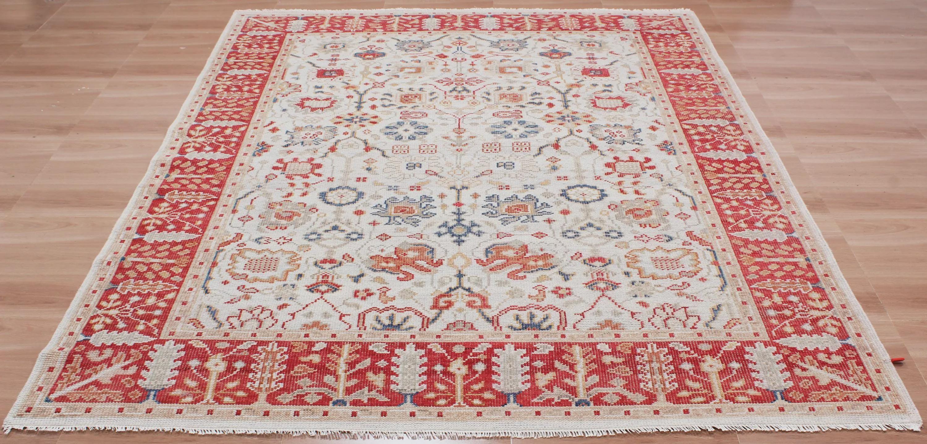 8x10 ft Authentic Hand-Knotted Wool Oriental Rug - Red & Cream Transitional Oushak Style