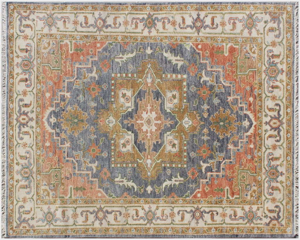 8x10 Hand-Knotted Wool Oushak Rug - Blue, Terracotta & Sage
