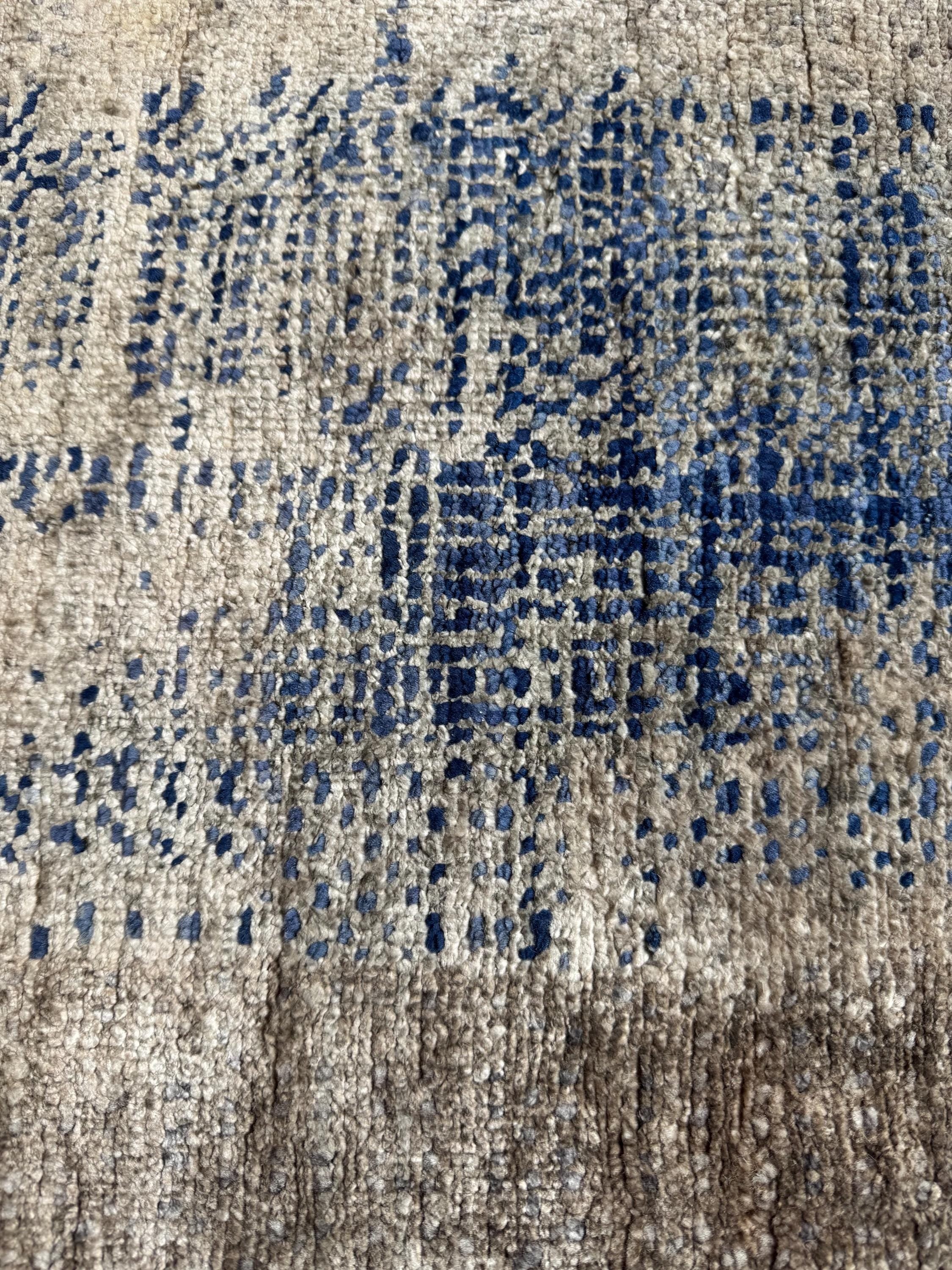 Modern Abstract Blue & Gold Hand-Knotted Wool & Silk Rug (4x6)