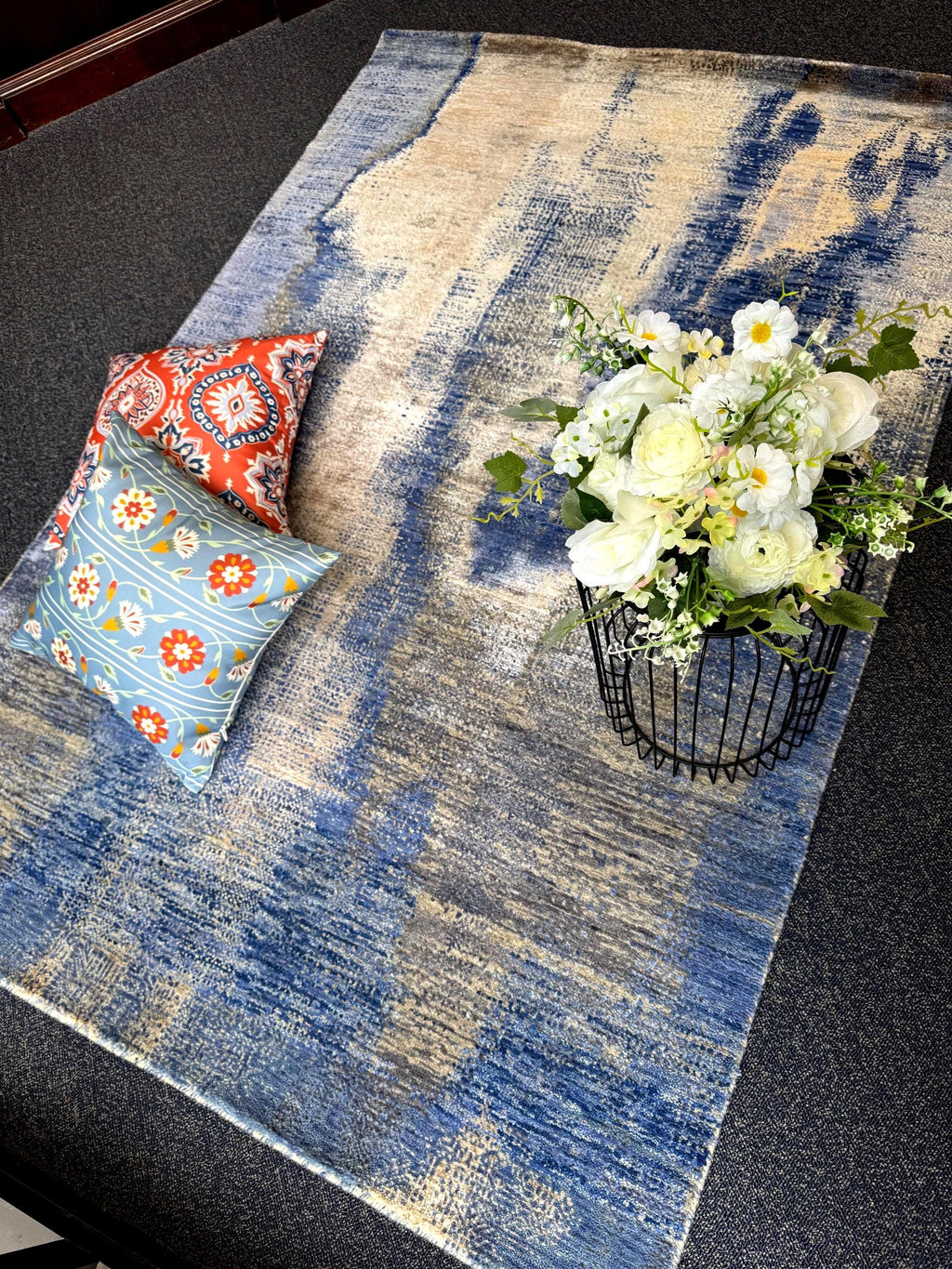 Modern Abstract Blue & Gold Hand-Knotted Wool & Silk Rug (4x6)