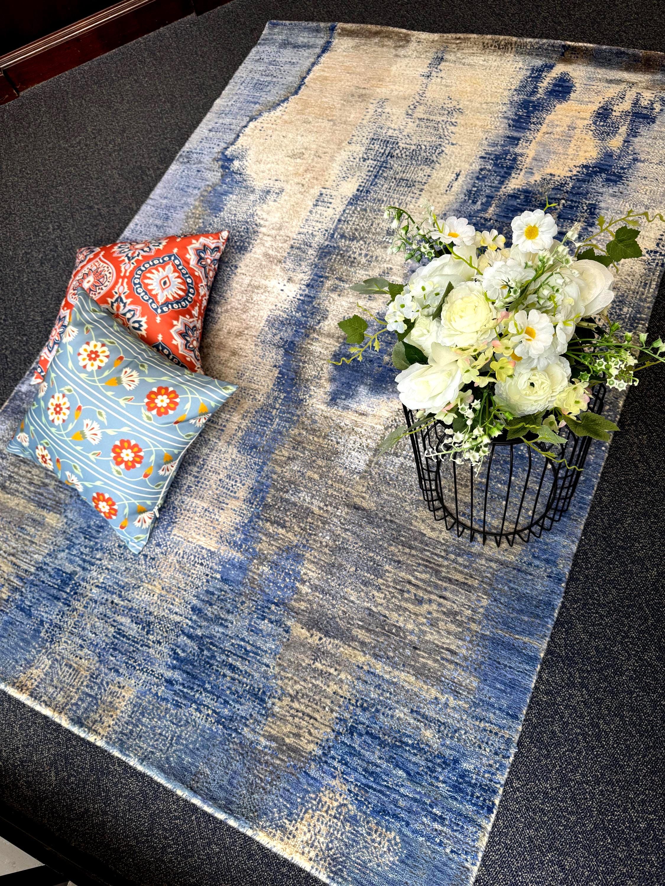 Modern Abstract Blue & Gold Hand-Knotted Wool & Silk Rug (4x6)