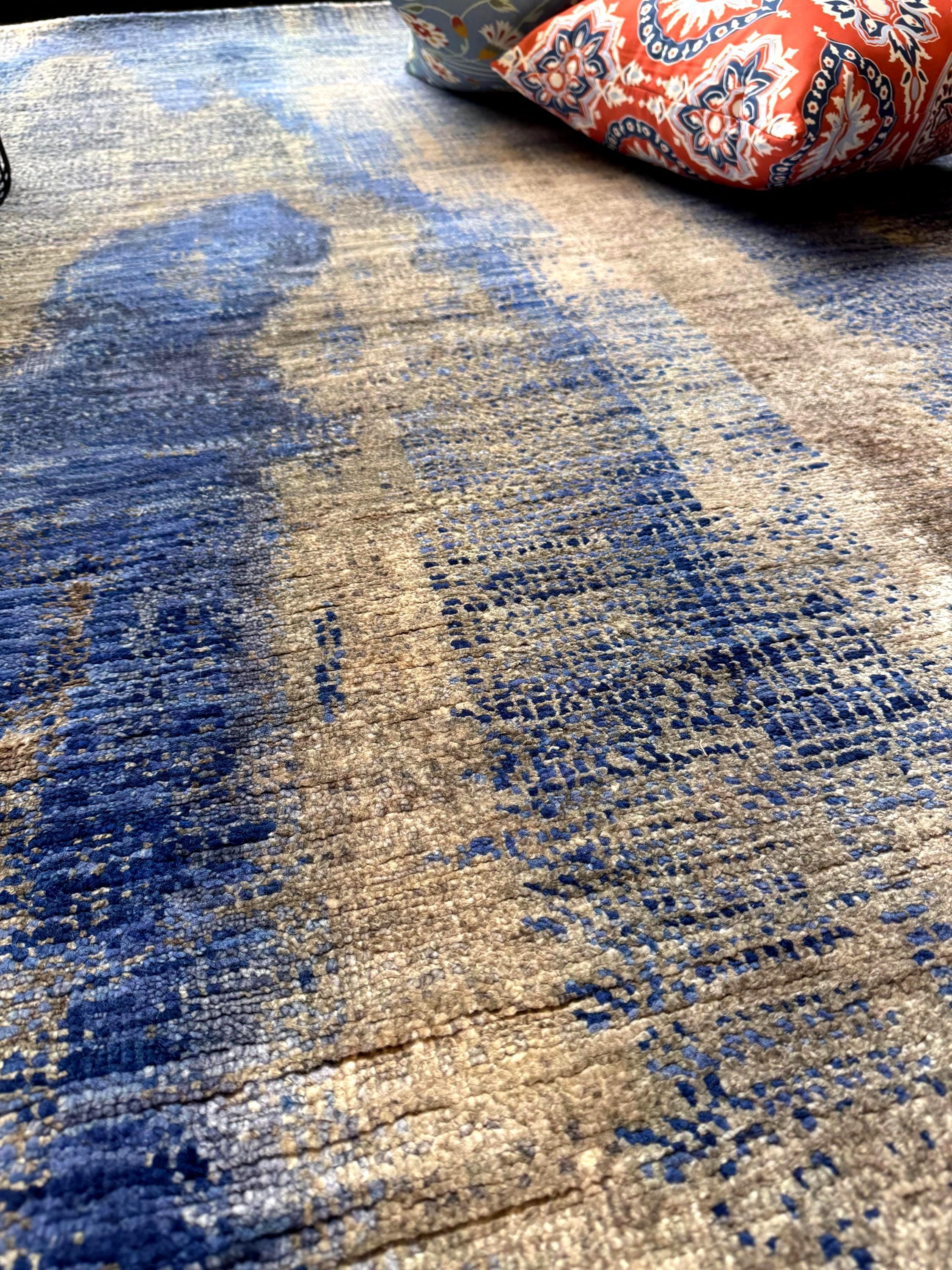 Modern Abstract Blue & Gold Hand-Knotted Wool & Silk Rug (4x6)