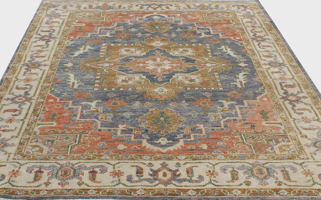 8x10 Hand-Knotted Wool Oushak Rug - Blue, Terracotta & Sage