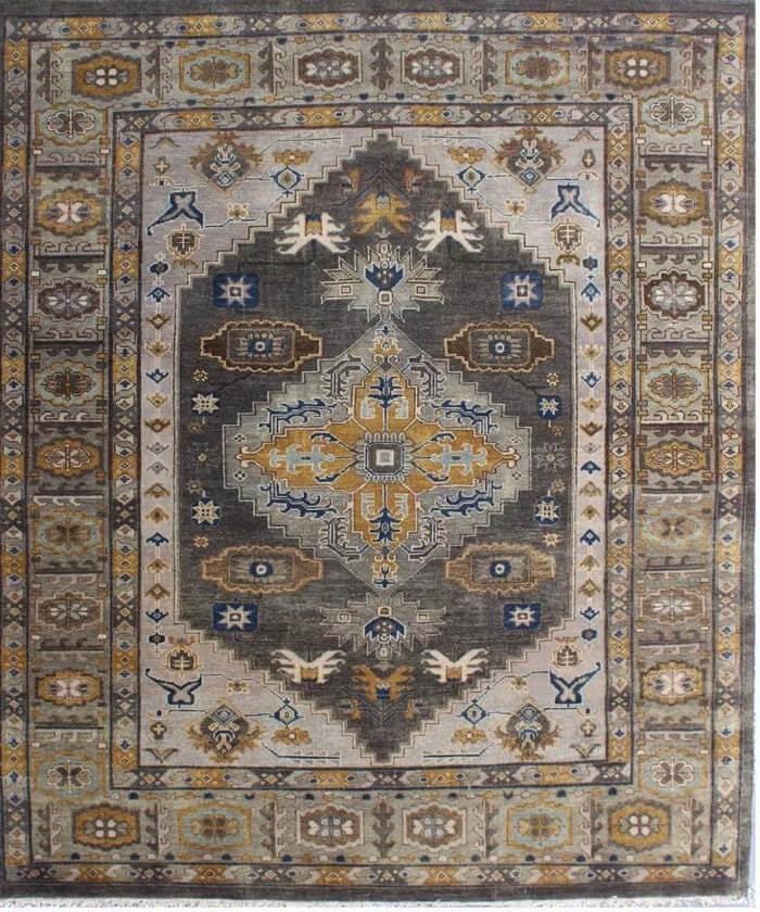 Hand-Knotted 8x10 & 9x12 ft Muted Grey & Mustard Gold Medallion - Traditional Persian Wool Carpet - Modern Organic Living Room