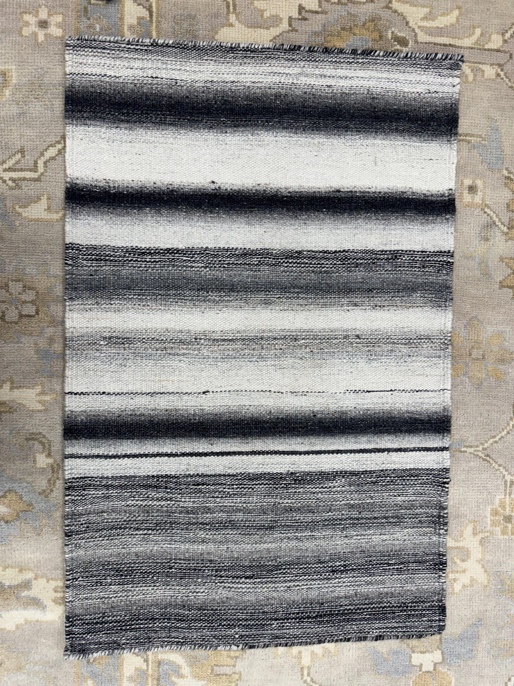 Handwoven Black & White Striped Flatweave Rug – Wool Kilim style or dhurrie -small area rug for entryway, bedside kitchen area accent corner