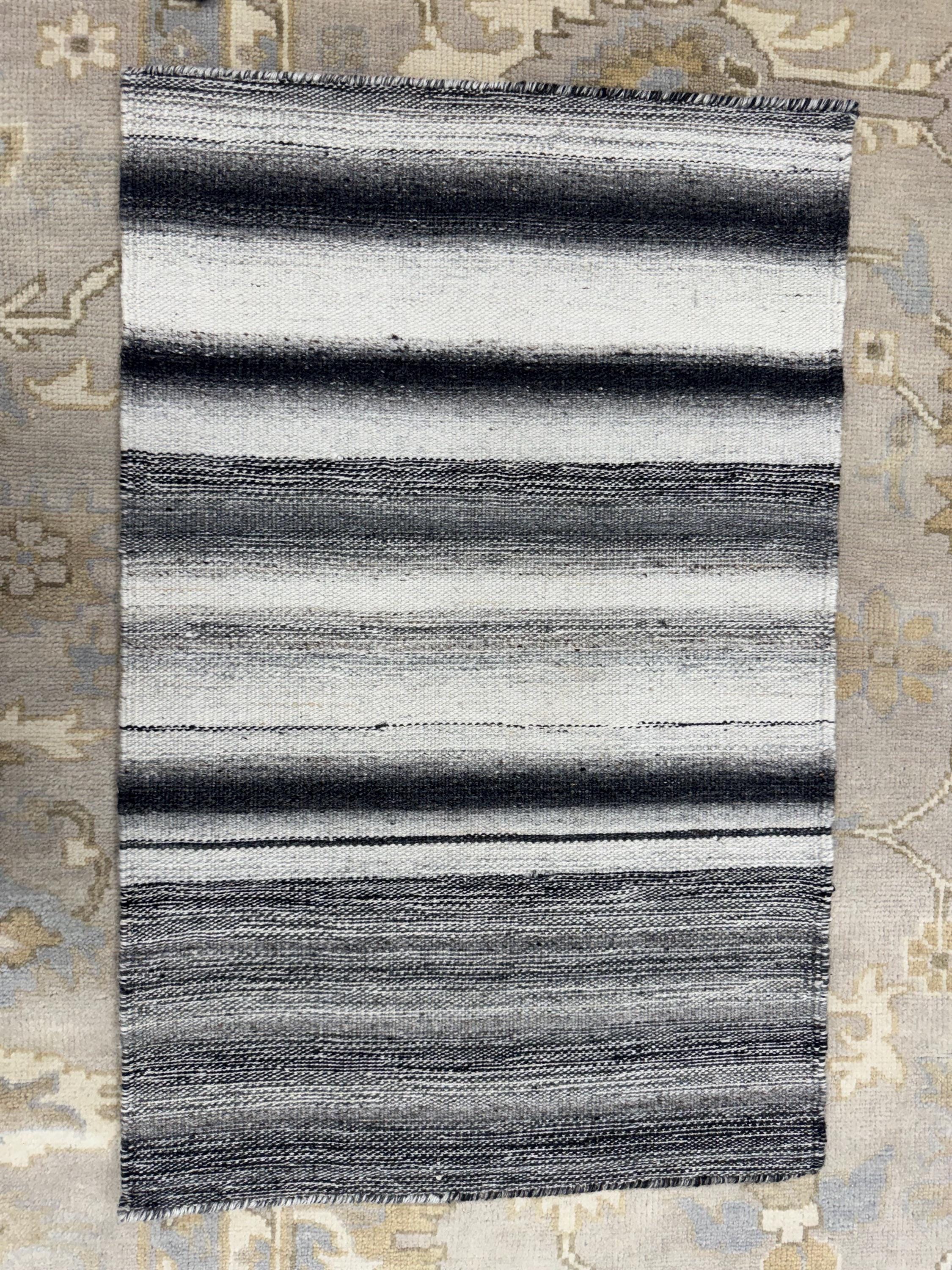 Handwoven Black & White Striped Flatweave Rug – Wool Kilim style or dhurrie -small area rug for entryway, bedside kitchen area accent corner