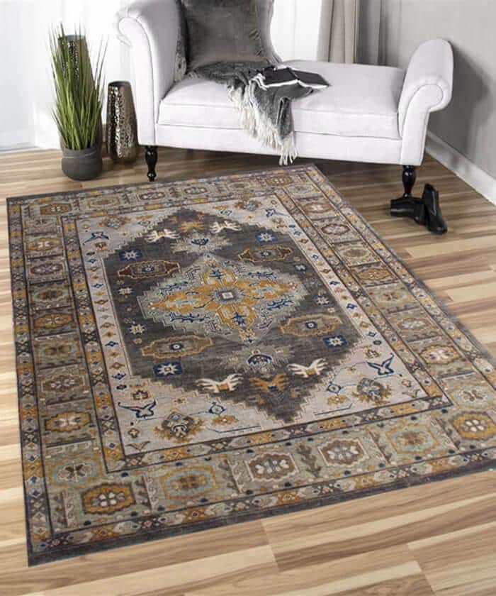 Hand-Knotted 8x10 & 9x12 ft Muted Grey & Mustard Gold Medallion - Traditional Persian Wool Carpet - Modern Organic Living Room