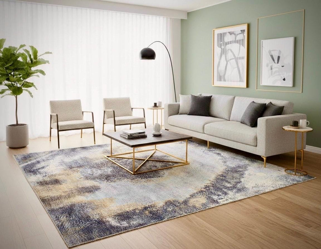 Luxury Abstract Sunburst Wool & Bamboo Silk Area Rug - Gold, Lavender Celestial Shimmer Carpet - Modern Art Decor - Multiple Sizes Available
