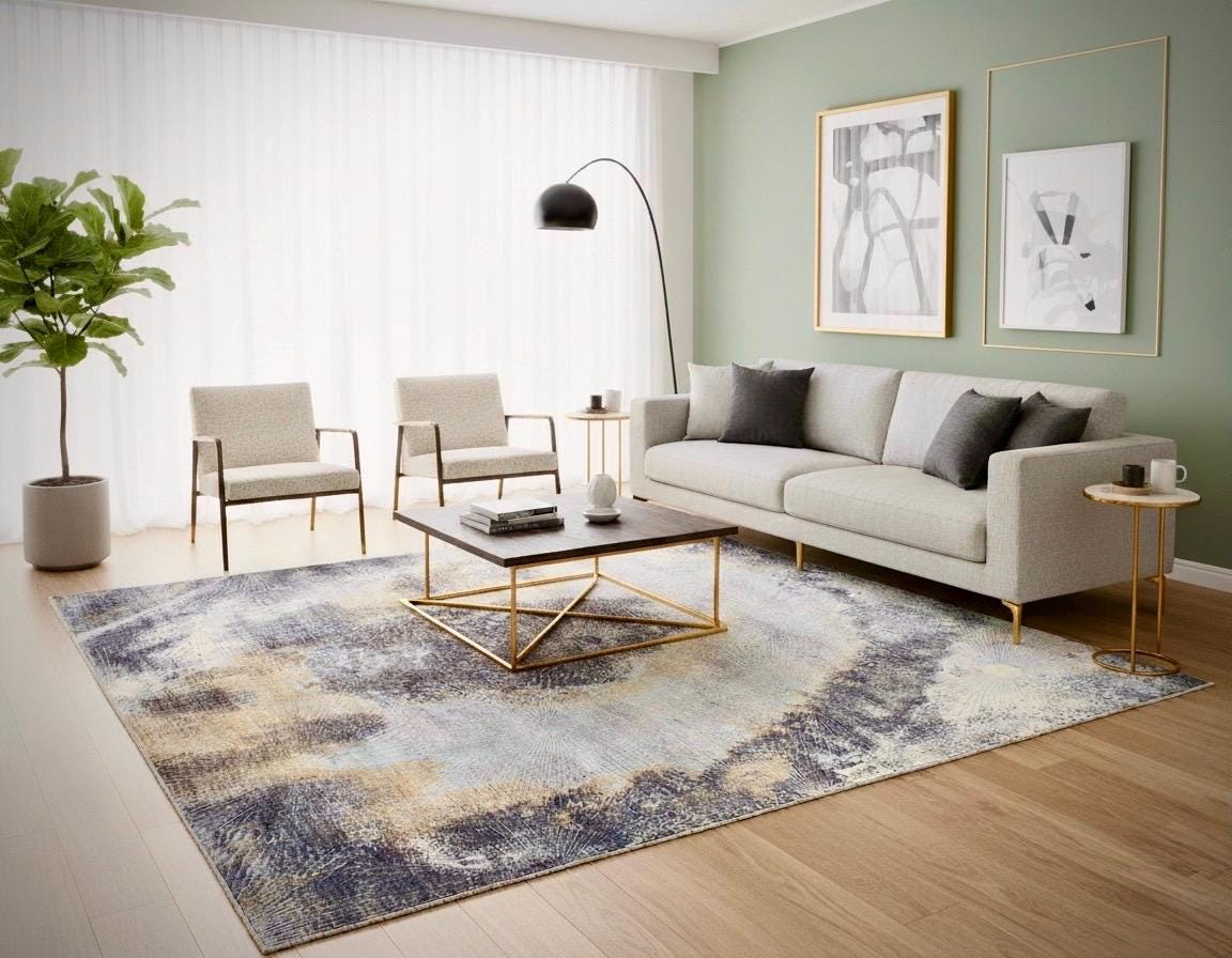 Luxury Abstract Sunburst Wool & Bamboo Silk Area Rug - Gold, Lavender Celestial Shimmer Carpet - Modern Art Decor - Multiple Sizes Available