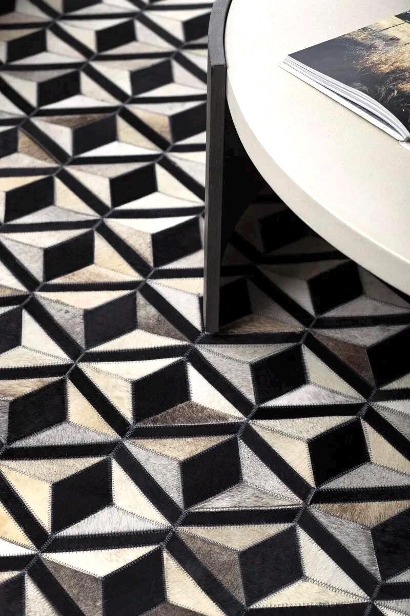 Geometric 3D Cowhide Area Rug –Luxury Hand-Curated Leather Hide Rug for Living Room, Bedroom or Office – Modern Neutral Carpet 5x8 8x10 9x12