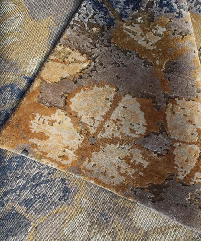 Luxurious Blue & Gold Abstract Rug, Modern Living Room Carpet, Unique Distressed Pattern handmade 8x10, 9x12 for Bedroom, Dining room