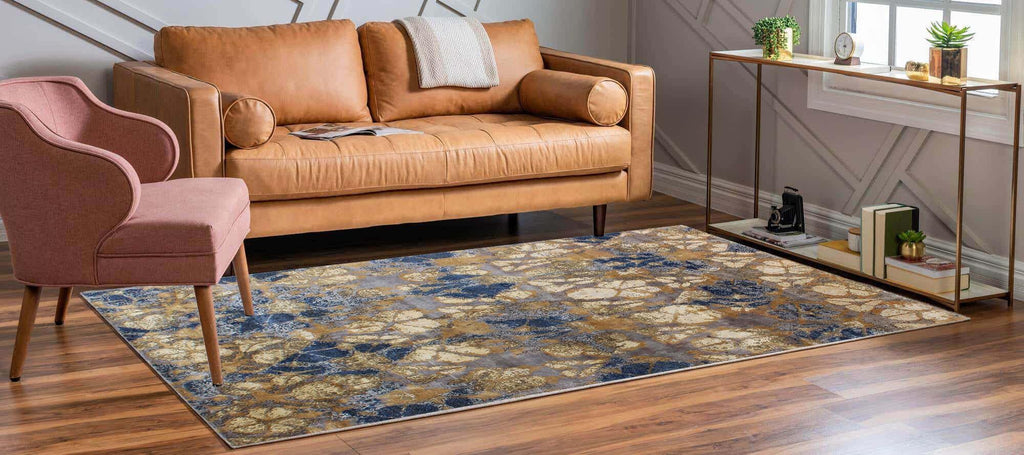 Luxurious Blue & Gold Abstract Rug, Modern Living Room Carpet, Unique Distressed Pattern handmade 8x10, 9x12 for Bedroom, Dining room