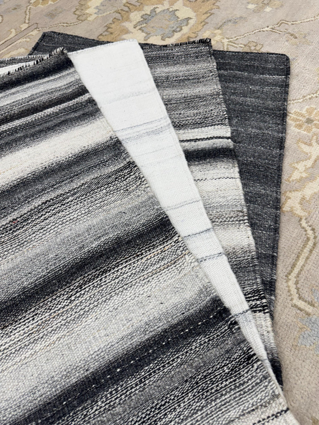 Handwoven Black & White Striped Flatweave Rug – Wool Kilim style or dhurrie -small area rug for entryway, bedside kitchen area accent corner