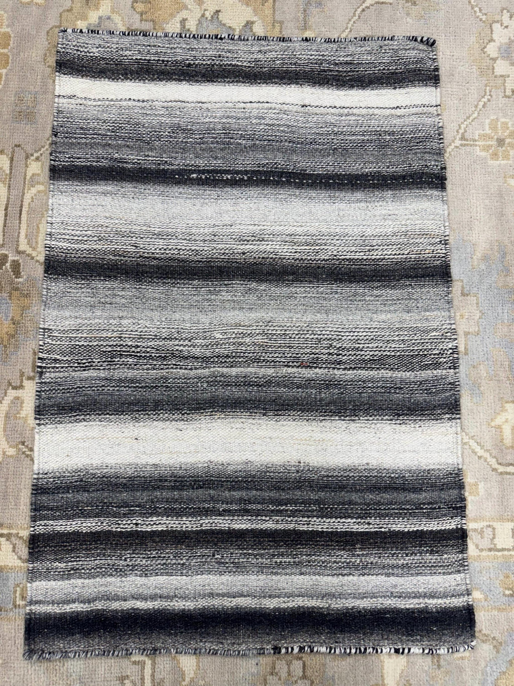 Handwoven Black & White Striped Flatweave Rug – Wool Kilim style or dhurrie -small area rug for entryway, bedside kitchen area accent corner