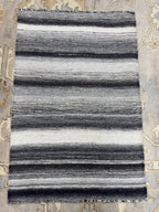Handwoven Black & White Striped Flatweave Rug – Wool Kilim style or dhurrie -small area rug for entryway, bedside kitchen area accent corner