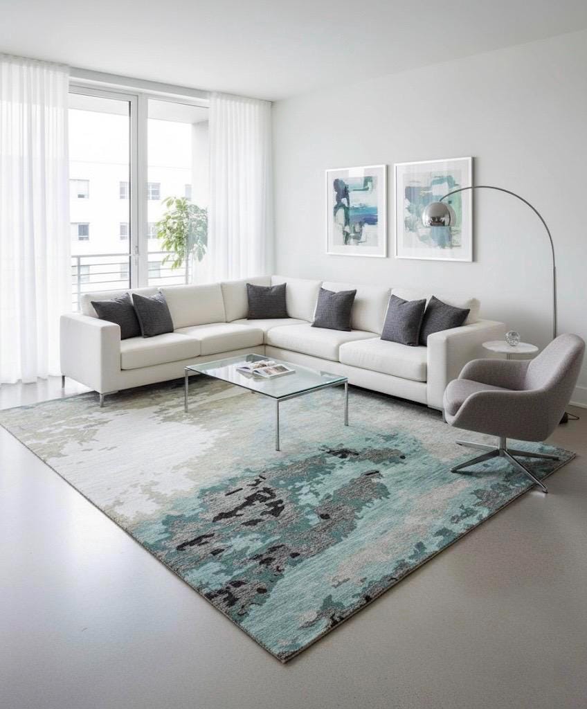 Modern Abstract Hand-Tufted Wool Rug - Blue Teal & Grey Contemporary Area Rug for Living Room, Bedroom | 5x8, 8x10 Large Coastal Carpet