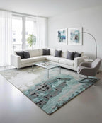 Modern Abstract Hand-Tufted Wool Rug - Blue Teal & Grey Contemporary Area Rug for Living Room, Bedroom | 5x8, 8x10 Large Coastal Carpet