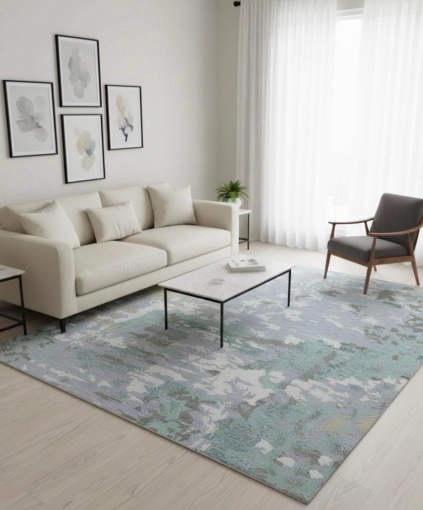 Modern Abstract Watercolor Area Rug - Hand-Tufted Wool - Blue, Sage & Lavender - 5x8, 8x10 - Soft Textured Rug for Living Room