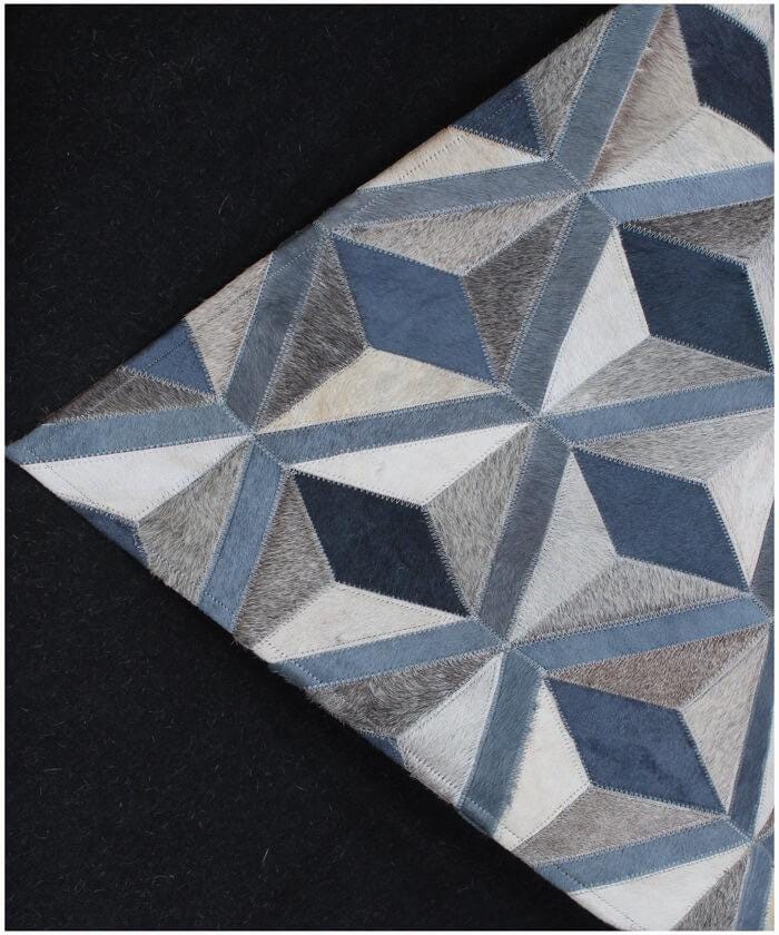 Modern 3D Geometric Cowhide Rug - Denim Blue & Grey Patchwork Handmade Area Rug - Large 8x10 Genuine Leather Carpet