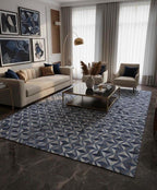 Modern 3D Geometric Cowhide Rug - Denim Blue & Grey Patchwork Handmade Area Rug - Large 8x10 Genuine Leather Carpet