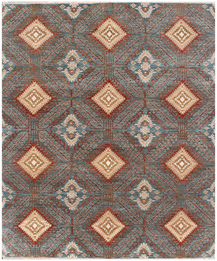6x9 ft Hand-Knotted Navajo Style Wool Area Rug | 10x14 ft Southwestern Terracotta & Indigo handmade rug