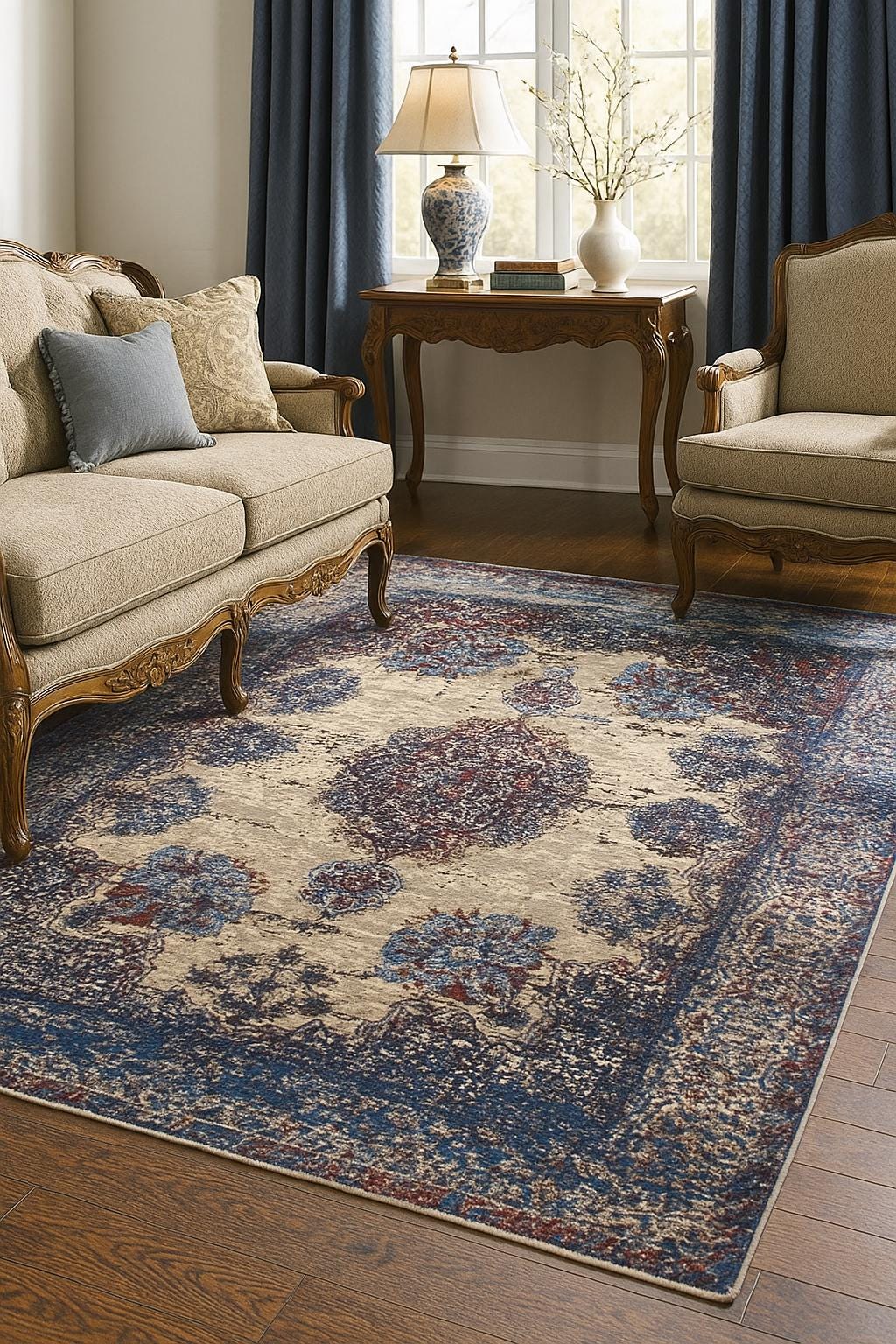 8x10 Large Hand Knotted Wool Rug - Vintage Distressed Persian Style Area Rug - Navy Blue & Magenta Boho Oriental Carpet - Transitional Rug