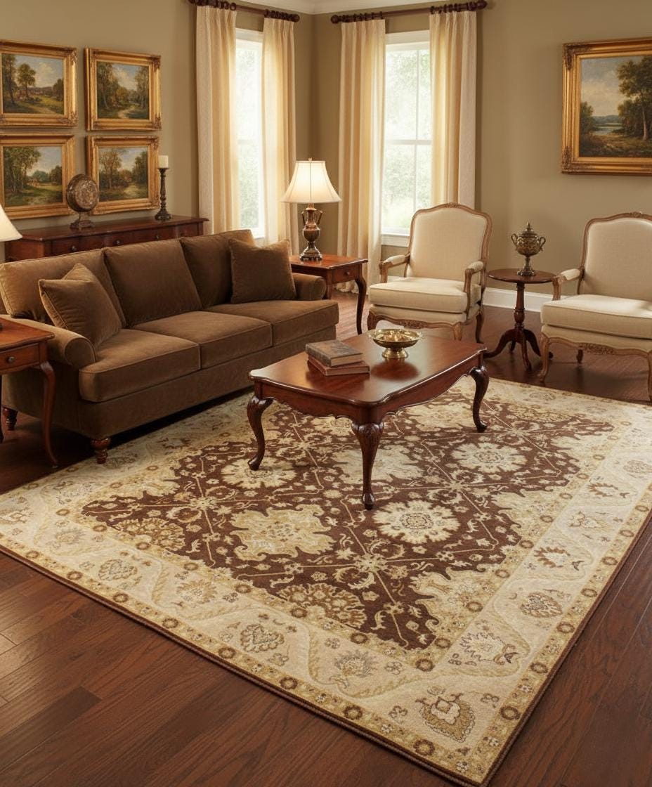 Hand-Knotted Brown & Beige Oriental Area Rug - 9x12 Classic Medallion Wool Carpet for Living Room, Dining, or Bedroom
