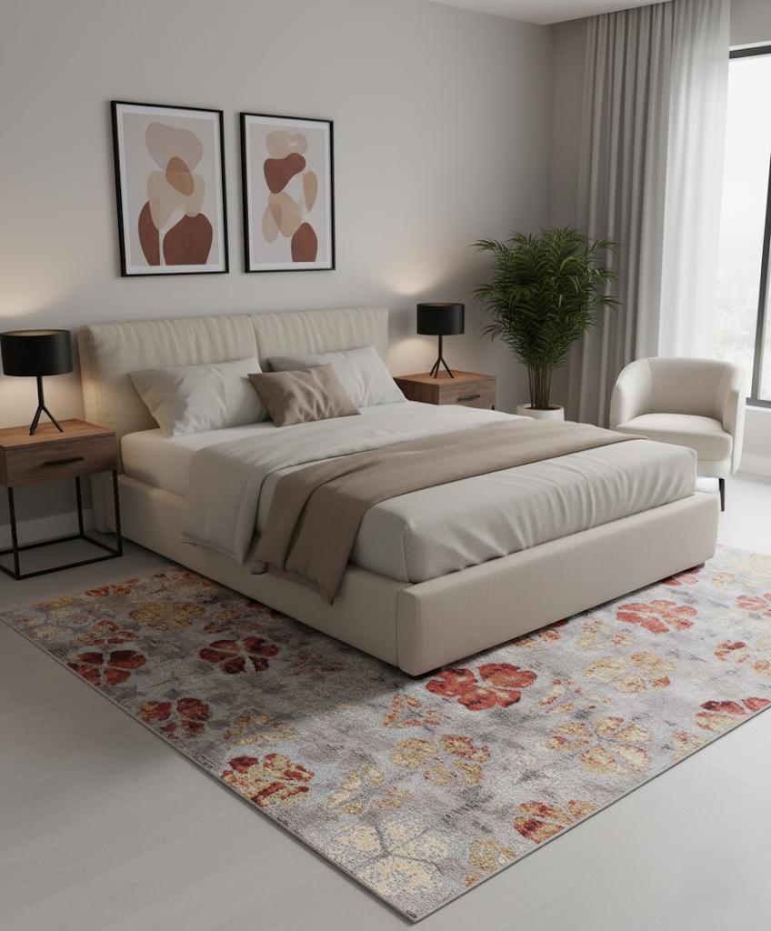 Modern Abstract Floral Hand Knotted Wool-bamboo silk Rug Grey Red Gold Artistic Area Carpet for Living Room, Bedroom, Office 8x10 9x12 10x14