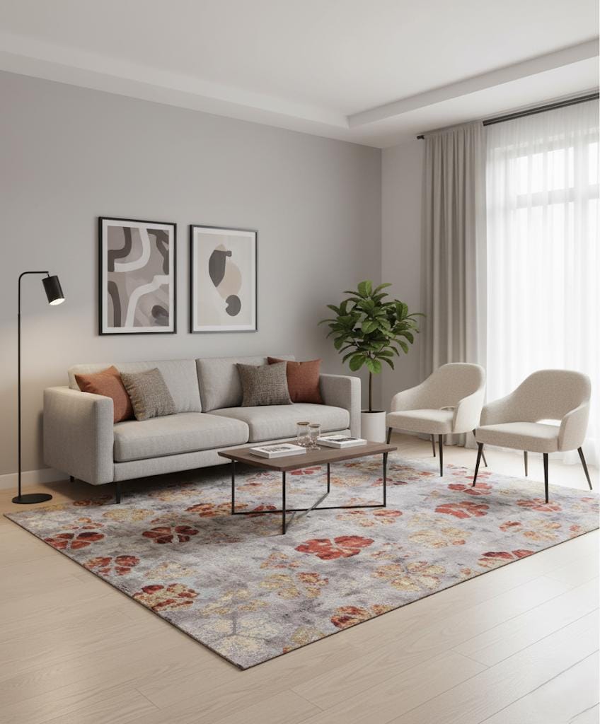 Modern Abstract Floral Hand Knotted Wool-bamboo silk Rug Grey Red Gold Artistic Area Carpet for Living Room, Bedroom, Office 8x10 9x12 10x14