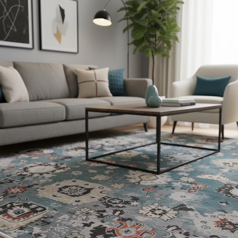 Capri Teal Blue Hand-Knotted Wool Rug - Distressed Medallion Area Carpet - Bohemian Chic & Coastal Style living room
