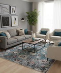 Capri Teal Blue Hand-Knotted Wool Rug - Distressed Medallion Area Carpet - Bohemian Chic & Coastal Style living room