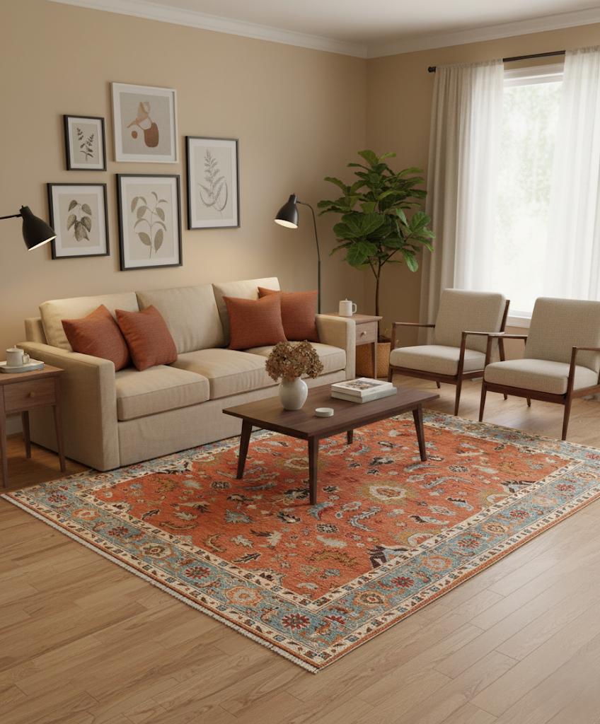 Oushak Hand Knotted New Zealand Wool Rug - Terracotta and Light Blue Area Rug-Traditional Turkish Design Rug for Living Room
